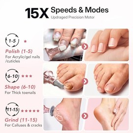 Litbear Juego de limas eléctricas de uñas, amoladora profesional de uñas gruesas de 15 velocidades, herramienta de manicura de pedicura inalámbrica, r