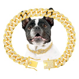 Gold dog chain Diamond Gold chain dog collar Walking Metal Chain Collar with Design Secure Buckle Pet Collar Jewelry Accessories dog necklace for Small Medium Large Dogs Cats (Gold,12 Inch)