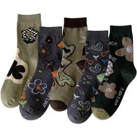 IIG Women's Funny Crew Socks Novelty Cute Patterned Socks 5 Pairs Gifts for Girls (Flowers 05-5 pairs)