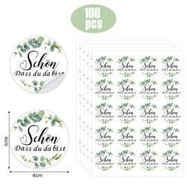Wentsent Pack of 100 Stickers Eucalyptus Green Schön Dass Du Da Bist Stickers Thank You for Wedding Communion Confirmation Christening Baby Shower Birthday Thank You Gift Thank You Cards Party
