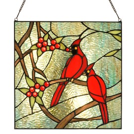 HomeBeauty Cardinal Stained Glass Window Panel- Tiffany Style Window Hanging- Red Bird Ornaments -12" Wx12 H Suncatcher- Wall Decorations for Home Office