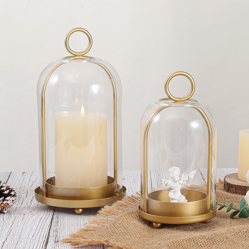 Versatile Metal Candle Holder Set with Handmade Glass Dome,Antique Brass