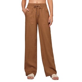 AVICHIC Women Linen Pants Wide Leg Palazzo Pants Cotton Linen Drawstring Summer Pants with Pockets Caramel S 29"