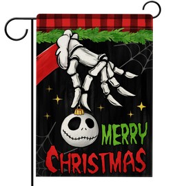 Hzppyz Christmas Garden Flag, Merry Xmas Jack Skellington Skull Spider Web Decorative Yard Outdoor Home Small Decor, Funny Winter Holiday Farmhouse Burlap Outside House Decoration 12x18