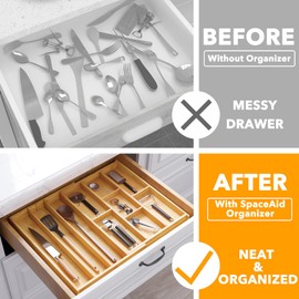 SpaceAid Bamboo Utensil Drawer Organizer with Labels, Kitchen Silverware Expandable Tray Holder Organizer for Flatware, Cutlery, Spoon and Knives Drawer Storage Organization (Natural)