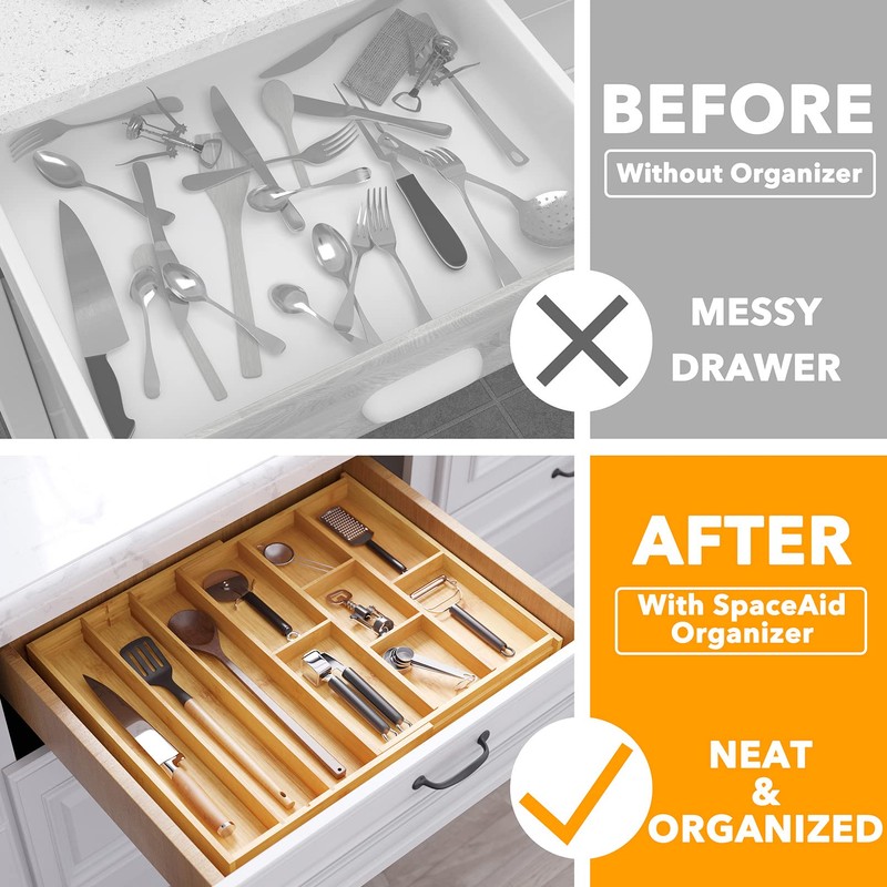 SpaceAid Bamboo Utensil Drawer Organizer with Labels, Kitchen Silverware Expandable