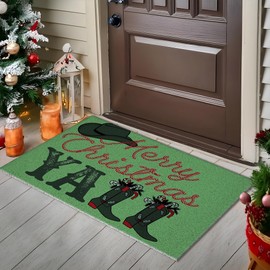 Jvpke Green Merry Christmas Western Cowgirl Boots Outdoor Mat for Front Door Porch Outside, Merry Christmas Western Decor Bath Mat, 17x30 Inches