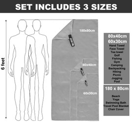 Microfibre Towel, Pack of 3 (180 x 80 cm + 80 x 40 cm + 30 x 60 cm Microfibre Towels), Quick-Drying, Lightweight, Colourfast, Absorbent & Antibacterial, Fitness Towel for Yoga, Sports, Travel, Camping