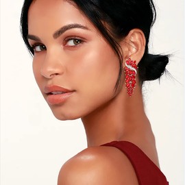 Clearine Bridal Long Drop Marquise Cluster Cubic Zirconia Dangle Earrings for Women Bridesmaid Wedding Guest Ruby Silver-Tone