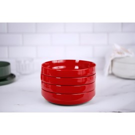 KooK Ceramic Large Pasta Bowls, Microwave and Dishwasher Safe, Great for Soups and Salads, Shallow Serving Bowls, Glossy Porcelain, 47 oz, Set of 4, Cherry Red