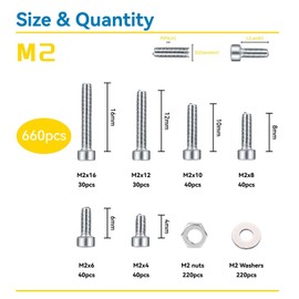WZHUIDA 660 Pieces M2 Screws Nuts and Washers Assortment Kit, Stainless Steel Hex Bolts, Hexagon Socket Screws Set, Hex Button Screws Nuts with Wrench