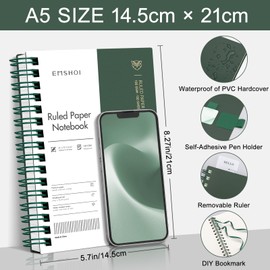 EMSHOI A5 Notebook College Ruled, Spiral Notepad 150 Sheets/300 Pages, 100gsm, PVC Cover, Sticky Notes, Pocket, Pen Loop, Ruler, Bookmark, Lined Journal for Women Men Writing, 14.5 x 21cm, Green