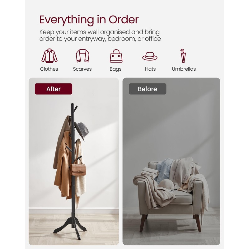 VASAGLE Solid Wood Coat Rack, Free Standing Tree-Shaped Coat Rack