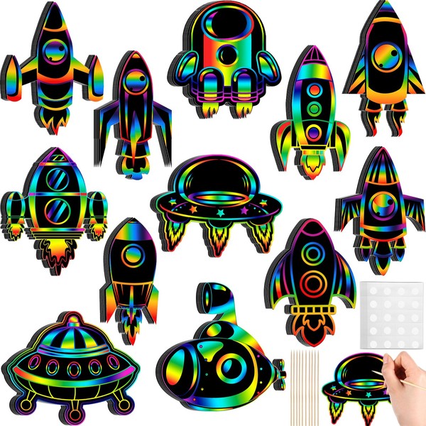 Engrowtic 72 Pcs Rocket Scratch Cards for Kids, Space Crafts
