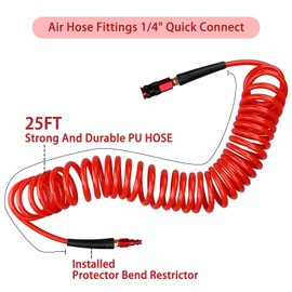 QiLeeCar Polyurethane Air Hose, 1/4 in x 25 ft, with Bend Restrictors Compressor, 1/4" Industrial Universal Quick Coupler and I/M Plug Kit, Red, Durable and Flexible Air Hose for Pneumatic Tools