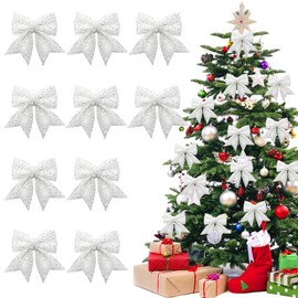 Hyran Pack of 10 Christmas Tree Bows, Glitter Christmas Bows, Red Bows Christmas, Gift Bows, Christmas Tree Decoration (White)