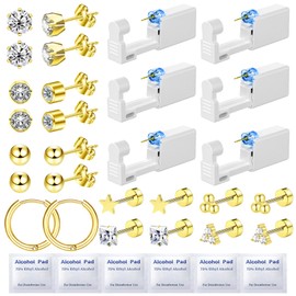 Nunpag 28 Pcs Ear Piercing Kit Ear Disposable Piercing Gun Kit Includes 6 Pcs Self Piercing Gun 16 Pcs Cubic Zirconia Earrings Stud Hoop Earrings 6 Alcohol Pads Easy-to-Use Ear Piercer Kit Tool, Gold