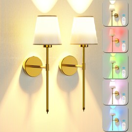 Battery Operated Wall Sconce Set of 2, Gold Rechargeable Wireless Wall Sconces with Remote, Dimmable 12 Colors Modes Led Wall Lights, Wall Lamp for Bedroom Living Room Hallway (Gold)