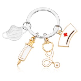 Dacitiery Keyring Nurse Keychain Metal Nurse Keyring with Syringe, Nurse Cap and Stethoscope for Doctor Medical Student Nurse Gifts, White