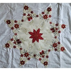 Doily Boutique Christmas Tablecloth or Table Topper Star Embroidered with Red and Gold Accents on Antique White Fabric, Size 36 inches