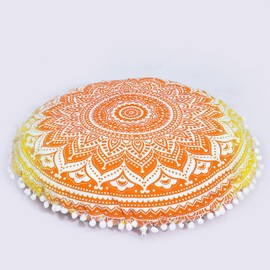 22" Round Mandala Floor Pillow Cover Cushion Sofa Seating Throw Hippie Round Colourful Decorative Bohemian Boho Chic dog bed Indian Pouf Ottoman Handmade (Ombre- Orange)