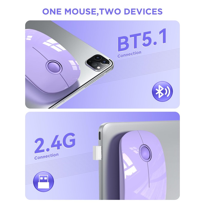RAPIQUE - mouse inalámbrico Bluetooth, morado, 1600 DPI, larga vida