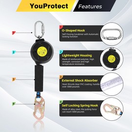 11FT Self Retracting Lifeline Fall Protection Retractable Lanyard, Fall Arrest Safety Yoyo for Construction Industrial - OSHA/ANSI Compliant (Small Hook)