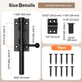 Mixizigoz 6.3 Inch Barrel Bolt Latch, Reinforced Slide Bolt Gate Latch, 304 Stainless Steel Door Latch Lock for Barn, Garden, Shed - 14 mm Bolt with Padlock Hole (Black-1pc 6.3 Inch)