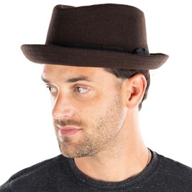 Funky Junque Men's 100% Wool Stingy Brim Fedora Hat, Pinched Diamond Crown, Brown