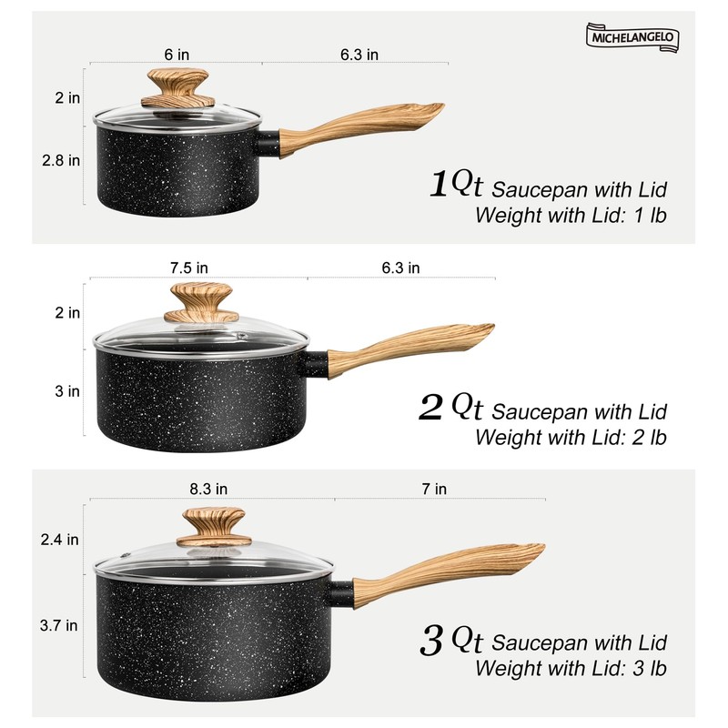 MICHELANGELO Saucepan Set, Nonstick Sauce Pans with Granite Coatings, Stone