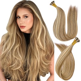 KiiKiiGirl Remy I Tip Hair Extensions Human Hair 20 Inch #A7/60A Dark Brown to Caramel Gold Itip Human Hair Extensions Invisible Silky Straight 30g/30s
