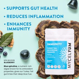Mycelyum – IMMUNITY Turkey Tail Mushroom Gummies, Canadian Made, Blueberry (30 Gummies) Supports Gut Health, Reduces Inflammation, Enhances Immunity – Vegan, All Natural, Low FODMAP – Fruiting Body Extract