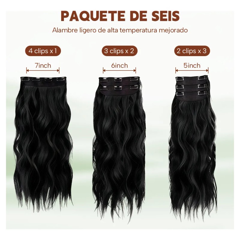 Extensiones De Cabello De Pelo Ondulado Cortinas Clip 6 Pzs