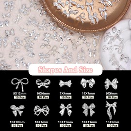 100 Pcs Silver Bow Nail Charms Y2K, 10 Styles Alloy Nail Bows Charms for Nail Art, Shiny Metal Bowknot Nail Art Jewels, Cute Bows Nail Art Charms for Nails Art Design DIY Accessories