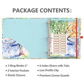 2 Inch 3 Ring Binder, Round Ring Binder with 6 Tab Dividers, 2 Interior Pockets, Cute Binders Clipboard with Storage for Letter-Size, Folders Organizer for School Office, Portfolio (Tree Seasons)