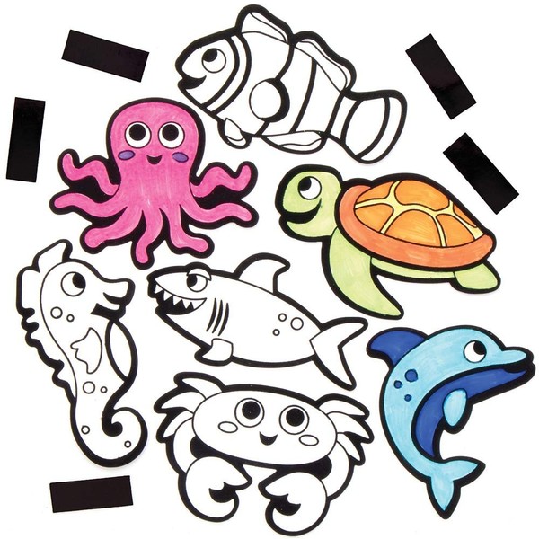 Baker Ross AT924 Sealife Colour in Fuzzy Art Fridge Magnets - Pack of 12, Make Your Own Magnets, Ideal for Kids Arts and Crafts Project
