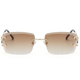 FLJMRAVER Retro Rimless Rectangle Sunglasses for Men Women Luxury Frameless Square Trendy Shade Diamond Cutting Eyewear, A5* Gold / Gradient Brown, Adult