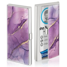 Swooflia Business Card Holder Case Wallet for Women Metal Purple Marble Slim Pocket Purse Square Card Cases Cute For Realtors Real Estate Agents