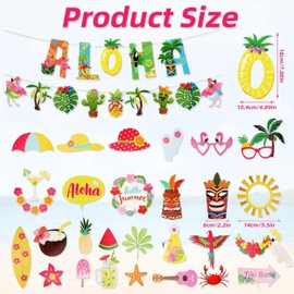 Piacolnic Hawaiian Luau Party Decorations, 30 Pcs Hawaiian Photo Booth Props and 1 Pack Beach Party Banner, Funny Tropical Party Decoration for Luau Beach Summer Pool Themed Party Supplies