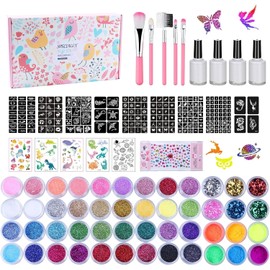 Kit de tatuajes temporales con brillantina, 42 colores con brillantina y 6 colores fluorescentes, 207 plantillas, 4 pegamentos, 5 pinceles, 1 pegatina de diamante, regalo de maquillaje artíst
