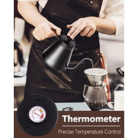 Harriet Gooseneck Kettle with Thermometer for Pour Over Coffee and Tea, 37 fl oz, Stainless Steel, Durable 3-Layer Base, Ideal Spout for Precision Pouring, Compatible with all Stove Tops, Black