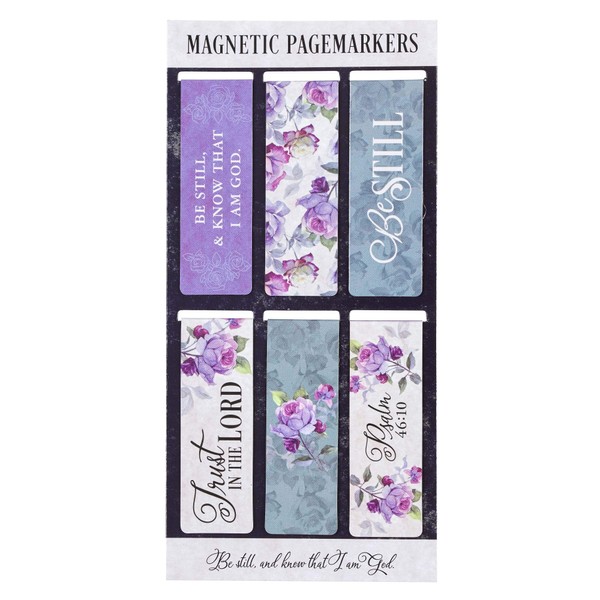 Christian Art Gifts Set of 6 Be Still and Know - Psalm 46:10 Purple Roses Inspirational Magnetic Bible Verse Bookmark with Scripture, Size Small 2.3" x .75"
