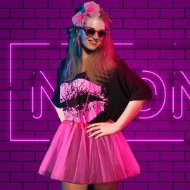 80s Fancy Dress for Women 80s Accessories with 80s T Shirts,Tutu,Glasses,Bumbag,Fishnet Gloves,Leg Warmers,Necklace for Women 1980s Costume Outfits Retro Neon 80s Party Fancy Dress Up Pink01 2XL