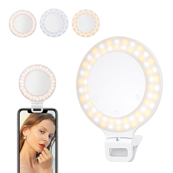 UBeesize XJ51 Selfie Light, Smartphone Light, Small, USB Charging, 3 Colors, 7 Levels of Brightness, 3,000K to 9,500K Dimmable, Lightweight, Clip-On, Compact, Portable, Actress Light, Eligible Invoice