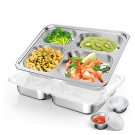 Bakpoco - Placa dividida de acero inoxidable para niños pequeños, placa de control de porciones no tóxica, placa de cena con tapa para adultos pérdida de peso, paquete de 2 4 secciones rectangulares