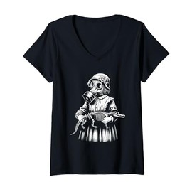 Womens Creepy Girl Wearing Gas Mask Holding a Crocodile Skeleton V-Neck T-Shirt