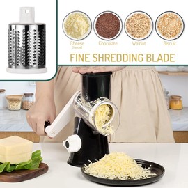 Maxceysen Rotary Cheese Grater with Handle Vegetable Shredder Round Kitchen Slicer Mandoline Grater for Vegetable, Nuts, Chocolate, Chesse, White, 3 Stainless Steel Blades