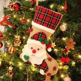 Tavaleu Christmas Stockings, 15.5" Christmas Stocking Deer Santa Snowman Burlap Plaid Xmas Stocking Holiday Christmas Decoration for Family Kids