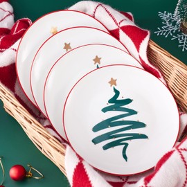 Swuut Christmas Holiday Bone China Dessert Plates - Salad Plates 8 inch - Set of 4,Oven&Dishwasher Safe Kitchen Serving Dishes (Tree, 8 inch)