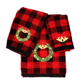 Marina Decoration Christmas Premium Luxury Decor Ultra Soft 100% Cotton Embroidered Bathroom Modern 3 Piece Towel Set, Red Black Plaid Xmas Wreath Pattern